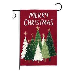 Merry Christmas Garden Flag 12x18 Inch Dark Red Green Xmas Tree Holiday...